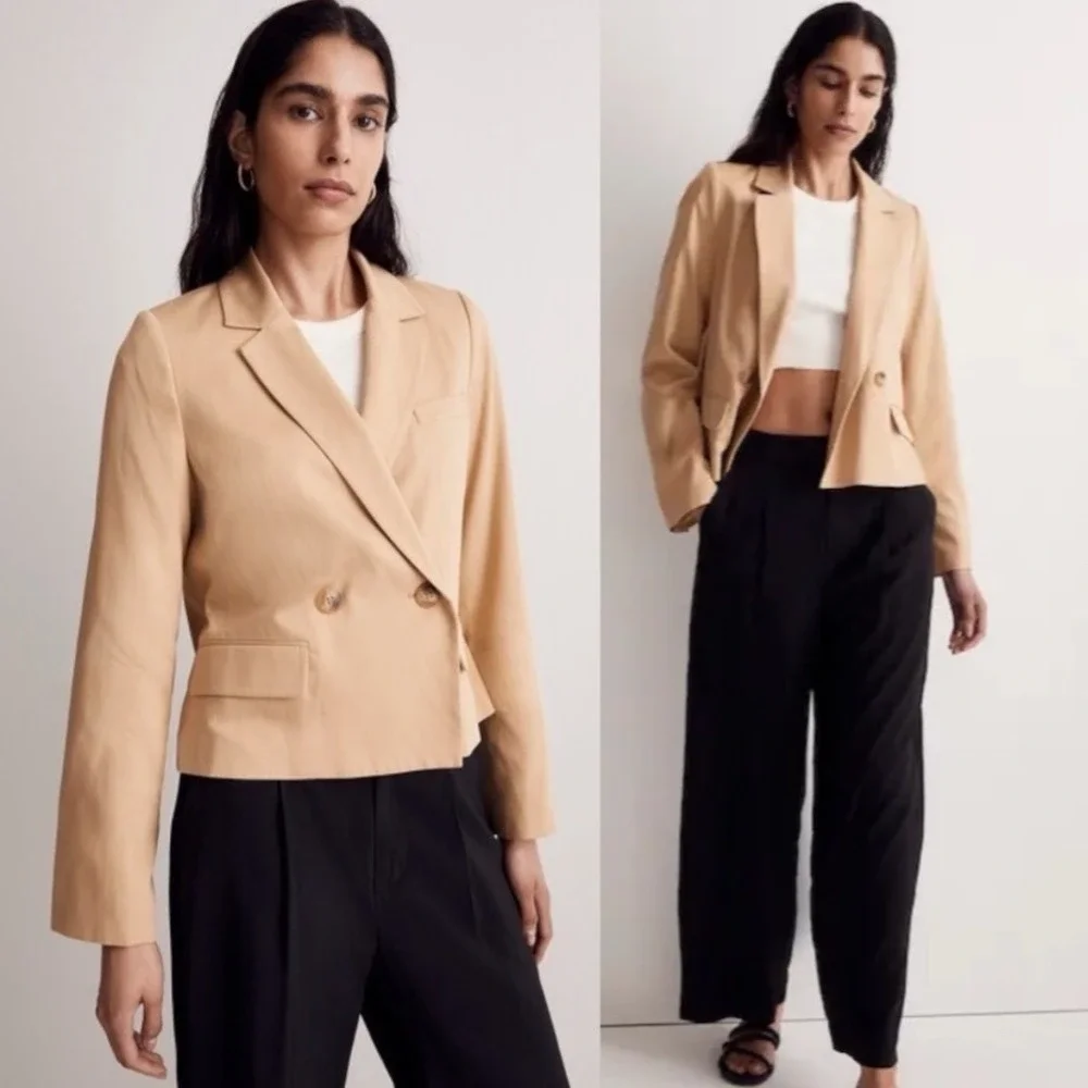 Madewell Caldwell Short Blazer Tan Double Breasted Cropped Jacket‎ XS